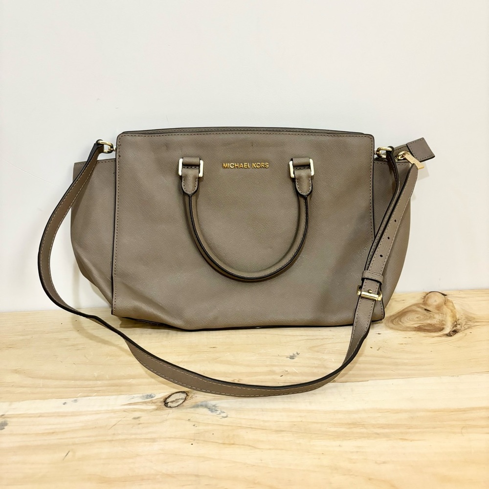 Michael Kors Taupe Saffiano Satchel with Gold Hardware